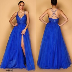 Abito lungo tulle da cerimonia con spacco frontale,corpetto ricamato in pizzo e strass blu