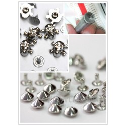 GRANDE PROMOZIONE 100 pz borchie a cono con rivetto 9mm COLOR ARGENTO + Applicatore + 6 pz teschio