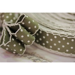 nastro cotone orli lavorati Verde Militare pois bianchi fiocco 2,5cm dots ribbon