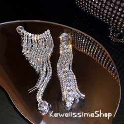 Dangling stud earrings + white rhinestone fringed earcuffs 11 cm x 1.8 cm