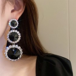 Dangle stud earrings with black round cabochons with white stass around 8.2cm x3.4cm