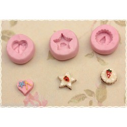 3 stampi in gomma per fimo cernit misure 1cm ,torta rotondo ,cuore,stelle